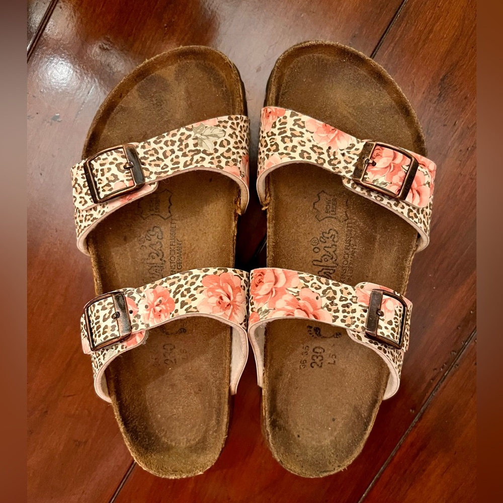 Birkenstock Cheetah with Roses and Floral Design Arizona Two Strap Sandals